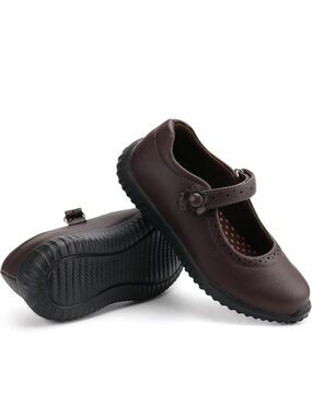 Girls Dark Brown Mary Jane School Shoes With Floral Accent Size 10